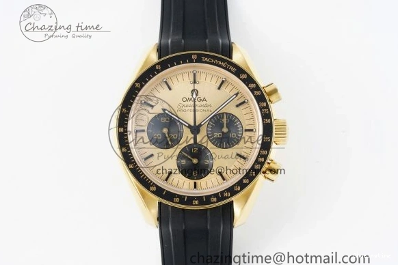 0327 TimelessDesign Speedmaster Moonwatch in Moonshine Gold YG RMF Best Edition YG Dial on Black Rubber Strap Manual Chrono 7834